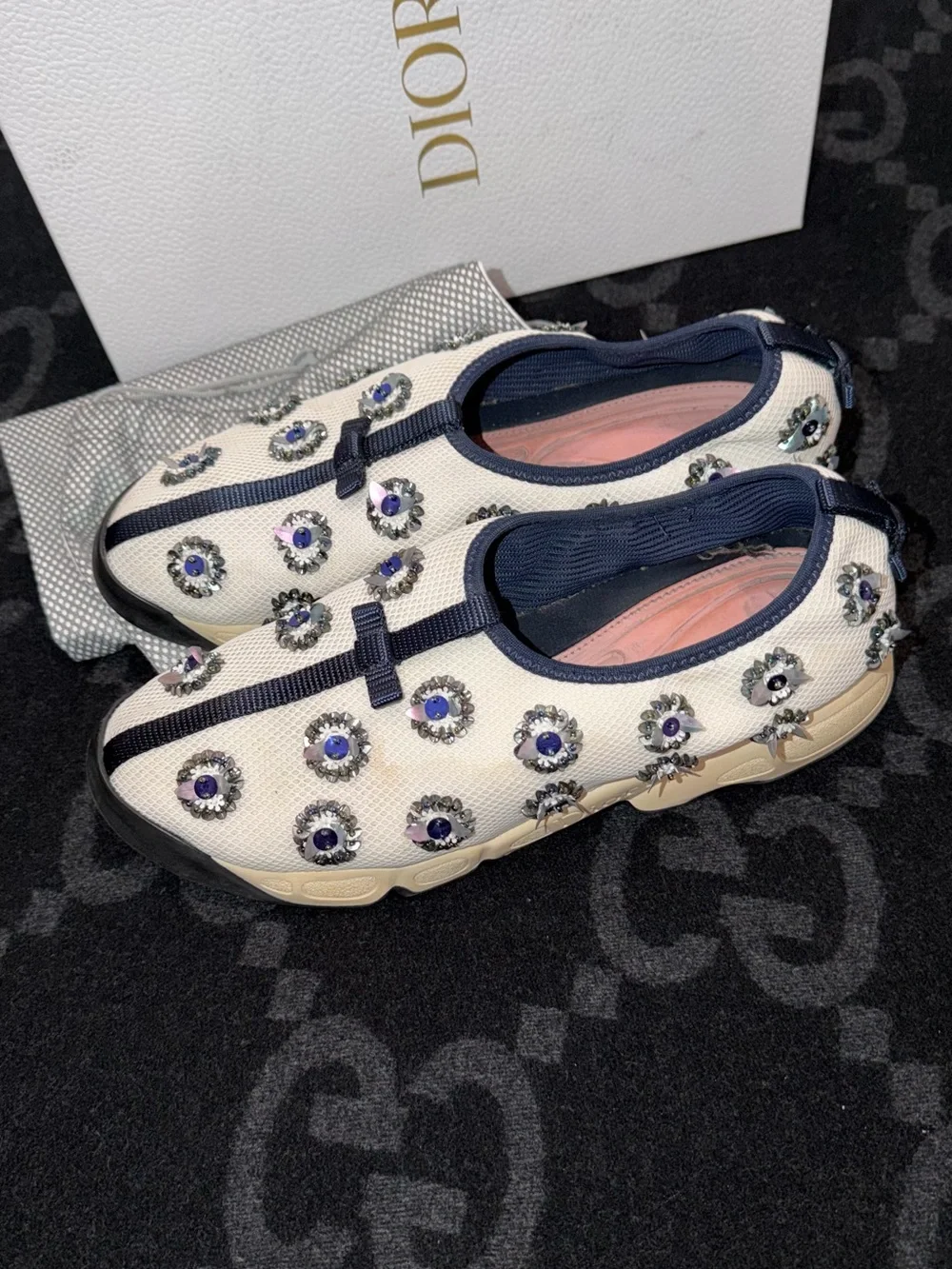 Dior Ivory Fusion Slip-On Embellished Sneakers with Navy Trim